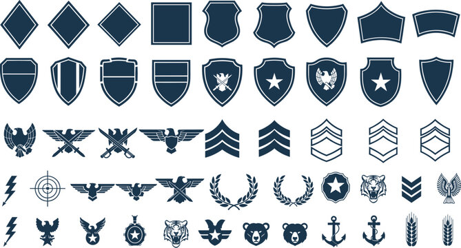 Military and heraldic emblem vector set with shields ranks eagles badges laurel wreaths and insignia symbols