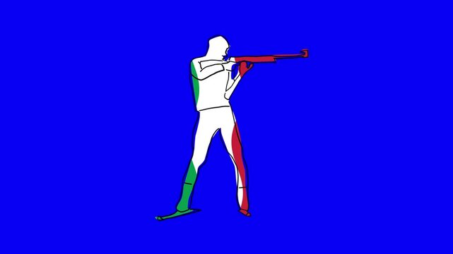 Loop able animation of hand drawn biathlon silhouette person for winter sport games in italy with flag waving colors