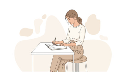 Woman Writing in Notebook at Desk, Focused Study or Work Session