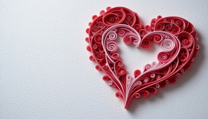 Intricate red and pink paper quilling forming a heart shape on a textured white background