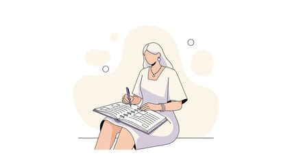 Woman Writing in Notebook, Minimalist Illustration, Planning and Organization