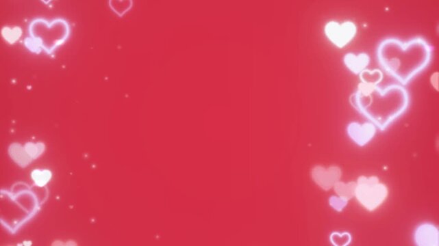 Hearts in Neon: A mesmerizing display of neon hearts gracefully floats against a vibrant crimson backdrop, creating an enchanting visual symphony of love and affection.