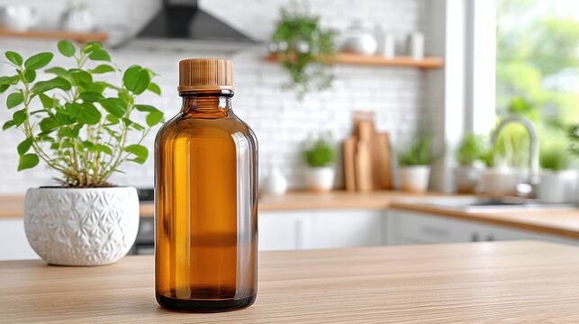 amber glass bottle of MCT oil positioned at the far left edge of the frame, off center composition, rule of thirds, massive empty blurred kitchen background