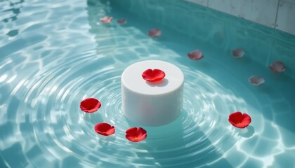 White cylinder floating on rippling blue water surface surrounded by scattered red and pink rose petals