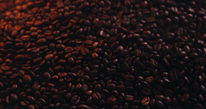 Roast, spinning and above of coffee or beans for caffeine, beverage or hospitality. Espresso product, small business or roastery aroma with organic ground blend for texture, cafe production or supply