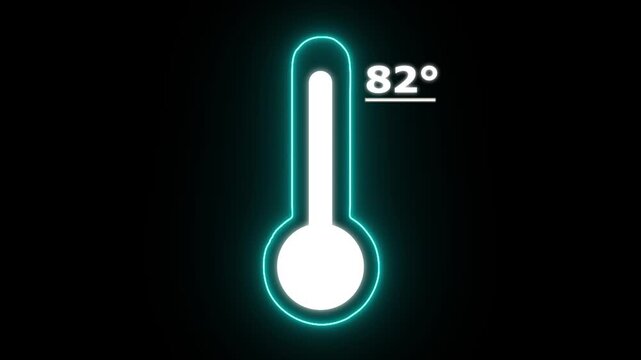 Neon Celsius thermometer displayed temperature 82 degree. Thermometer equipment showing hot or cold weather. 4K Video motion graphic animation.