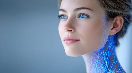 artistic portrait of a healthy person with a subtle bioluminescent glow emanating from their skin, veins showing faint blue light, visualizing cellular