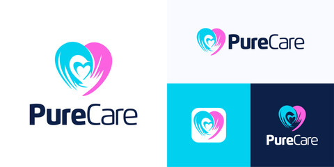 Modern abstract heart formed flowing with symmetrical shapes vibrant cyan blue and soft pink, Logo icon design vector illustration, Symbol love forms silhouette heart for brand identity business