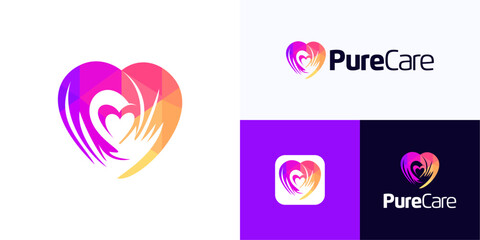 Creative modern love with layered geometric with flat colorful and smooth flowing curves, Logo icon design vector illustration, Symbol abstract heart formed negative space center for brand identity