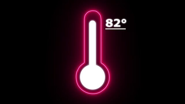 Neon Celsius thermometer displayed temperature 82 degree. Thermometer equipment showing hot or cold weather. 4K Video motion graphic animation.