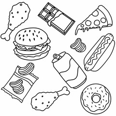 fast food Junk Meals Collection Pizza, burger, soda, hot dog, donut Perfect for menu or food package design
