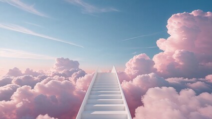 Stairs lead into clouds in a bright sky during daytime