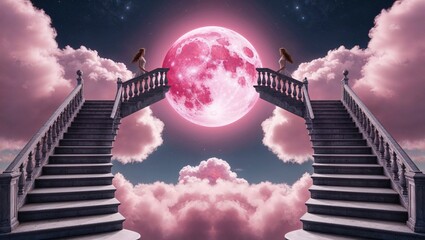 Stairs meet moonlit clouds in a dreamlike scene with figures standing and gazing at the large pink moon