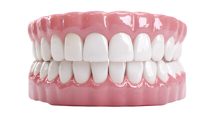 Close-up studio shot of a full set of white dentures with pink gums, isolated on a clean white background.