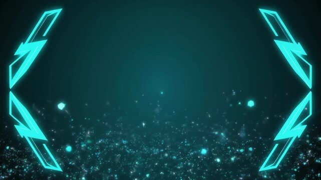 Cyan Neon Bracket Frames with Floating Particles and Sparkles on a Dark Teal Background border glowing
