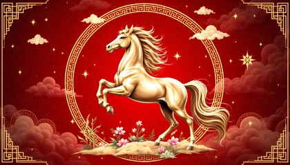Majestic Golden Horse Surrounded by Clouds and Flowers in Red