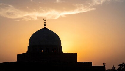 Naklejka premium Silhouette of a Mosque Dome at Sunset with Crescent Moon.