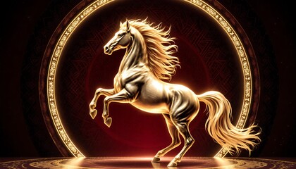 Majestic Golden Horse in an Enchanting Circular Frame