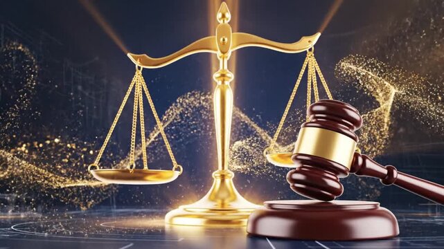 Golden scales of justice with gavel on digital background