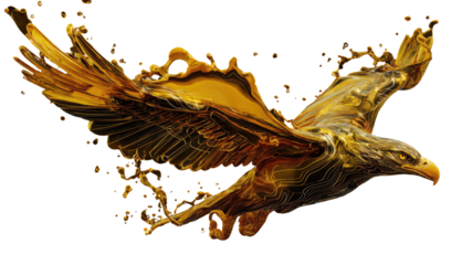 A vintage nature illustration of a golden eagle bird with white wings in flight against an abstract sky isolated from the animal food fish