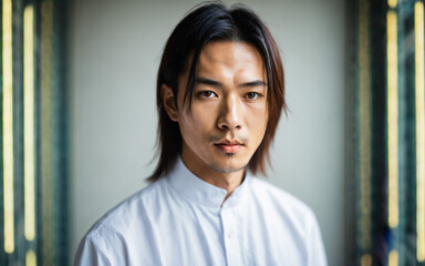 selective-focus-blur of close up portrait of a serious man with shoulder length dark hair and a small goatee wearing a white high neck shirt indoors with soft natural lighting and calm atmosphere.
