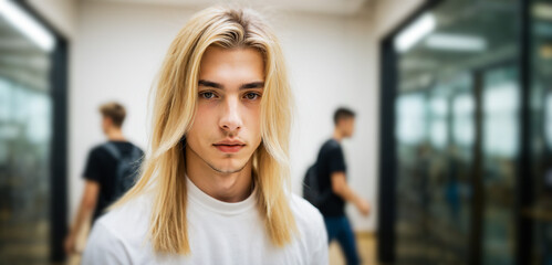 selective-focus-blur of young blonde man with long blonde hair wearing a white t-shirt standing in a blurred indoor setting during university hours