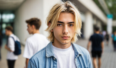 selective-focus-blur of young blonde man with messy hair wearing a denim shirt and white t-shirt standing in a blurred outdoor setting during daytime