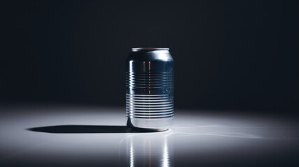 Metallic soda can standing alone on a reflective surface