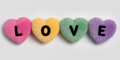 Colorful plush hearts spelling the word Love in vibrant hues