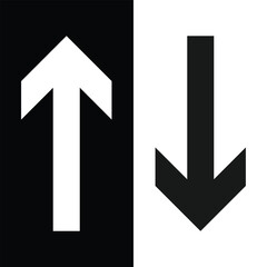 A white arrow points up on a black background next to a black arrow pointing down on a white background.