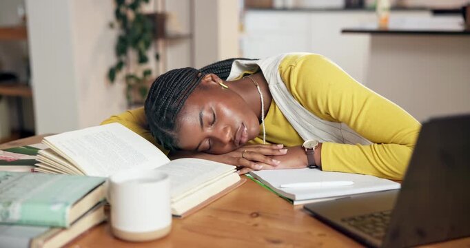 Online course, laptop and woman with sleeping in home for study fatigue, thesis burnout or tired. Student, black person or exhausted by books with rest, distance education or overworked from workload
