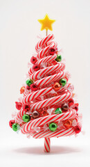 Festive candy cane Christmas tree decorated with colorful wrapped candies and topped with a yellow star on a white background