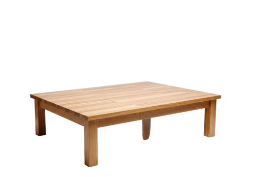 Pristine light brown wooden table, natural grain, rectangular top, in a brightly lit studio with a transparent background and soft grey gradients, slightly high angle, product display concept. - Powered by Adobe