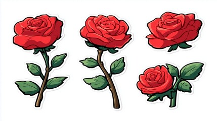 Red Rose Stem Sticker Icons Trio with Small Bud Clean Vector Set