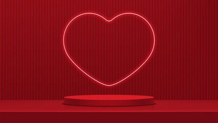 Realistic bright red cylindrical 3d podium with neon circle for the presentation and presentation of goods
