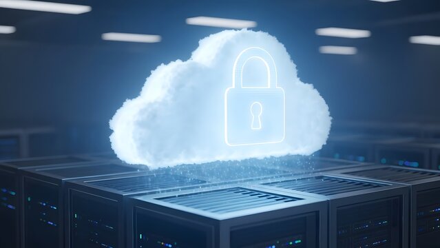 A glowing cloud with a padlock icon sits atop a row of computer servers in a dark data center - Powered by Adobe