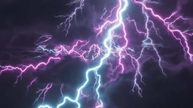 Vibrant lightning bolts in dramatic stormy night sky