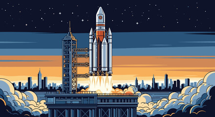 A rocket ship launches into the night sky with a city skyline in the background and clouds of smoke and flames with space and technology and innovation