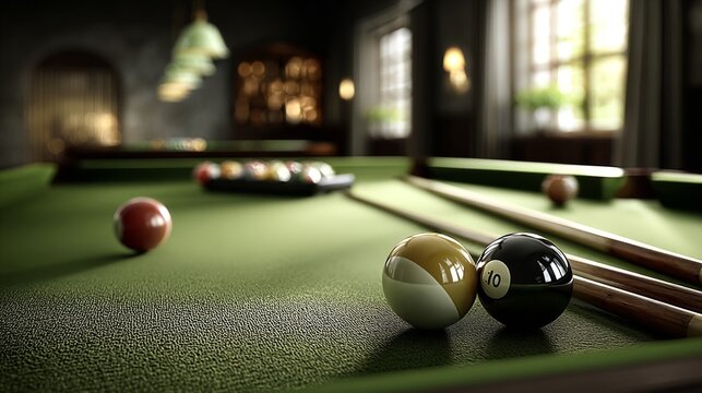 Closeup of billiard balls and cues on a pool table.