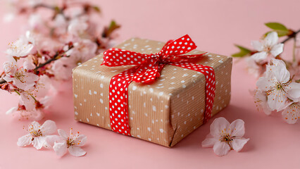 Elegant gift box with red bow and cherry blossoms