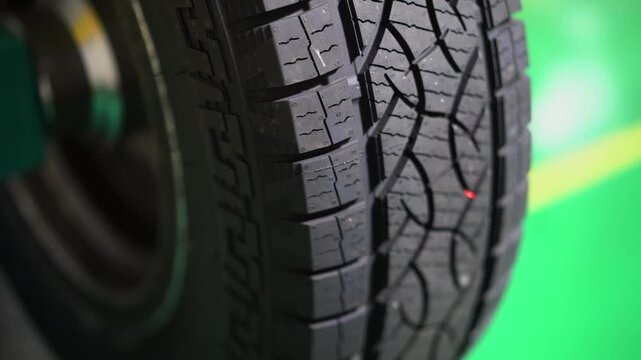 Close-up of car tire tread pattern with clear detailed texture and rubber surface
