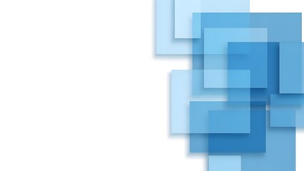 A collection of blue squares overlapping on the right side of a plain surface, viewed from directly above, showcasing varying shades and transparency.