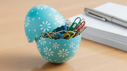 Blue Easter egg shell full of colorful paper clips rests on a wooden desk near a notepad and silver pen, concept for holiday office organization, spring workspace display and business promotion