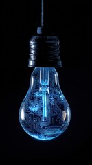 Futuristic Blue Circuitry Light Bulb Hanging Pendant Symbolizing Innovation, Technology, Digital Connectivity, And Modern Energy Concepts