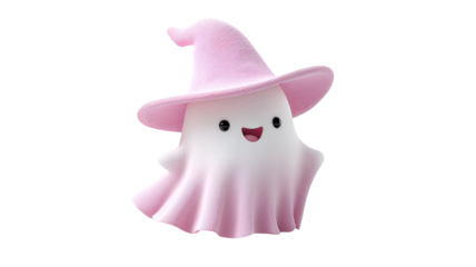 cute pastel ghost wearing witch hat smiling kawaii halloween charater 3d illustration isolated on white background