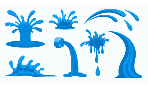Blue water splash spray and pouring liquid vector illustration set isolated on white background
