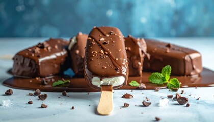 A rich chocolate dipped ice cream bar with creamy vanilla filling sits on a surface, tempting taste buds with its decadent appeal.