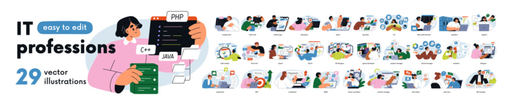 IT professions set. Software development, web design, programming, marketing. Information technology business. People work on internet. Flat graphic vector illustrations isolated on white background.