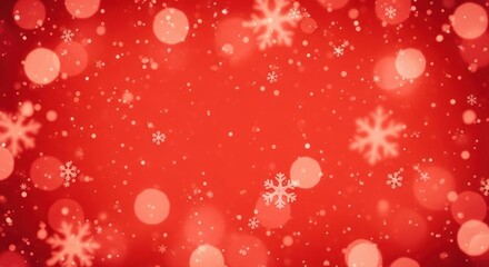 Red and white Christmas background with snowflakes and bokeh lights.