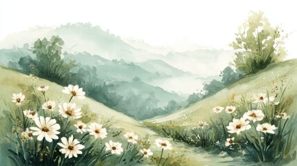 Serene Landscape with Wildflowers and Lush Green Hills in Spring